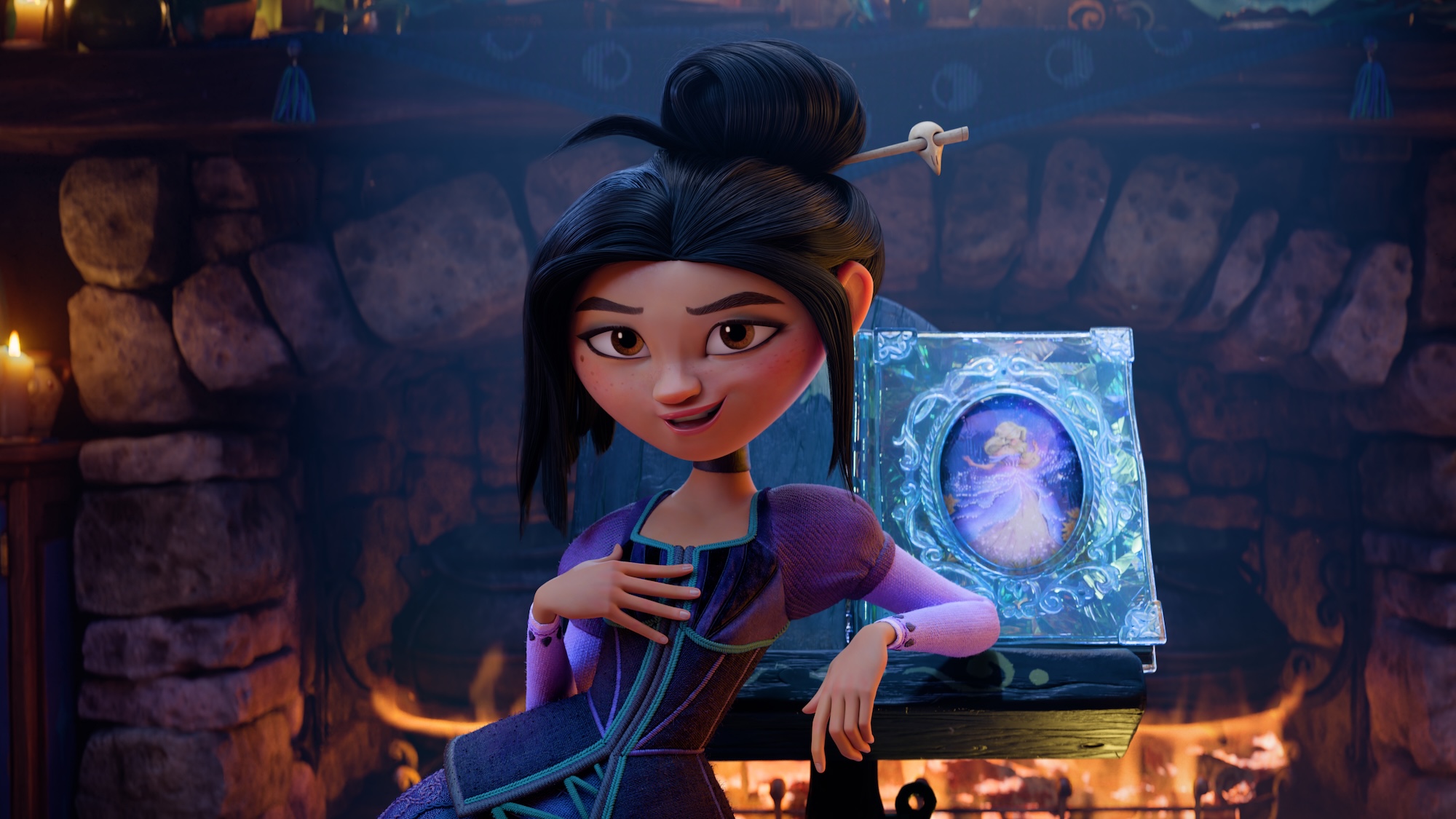 Lilith leaning on a tablw with picture of princess in Steps