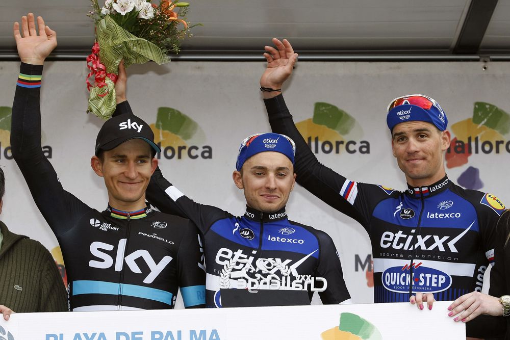 Gianluca Brambilla is joined on the podium by Michal Kwiatkowski and Zdenek Stybar at Challenge Mallorca