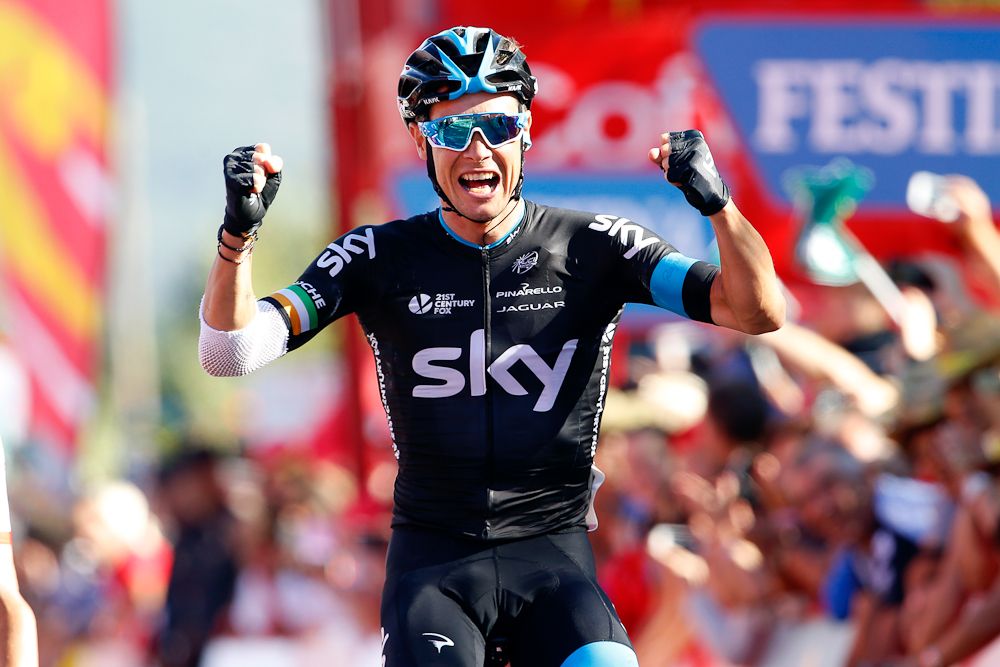 Nicolas Roche celebrates his stage 18 win at the 2015 Vuelta a Espana.