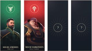 The leaders of the harkonen and atreides factions, with two empty slots for the other two leaders at launch