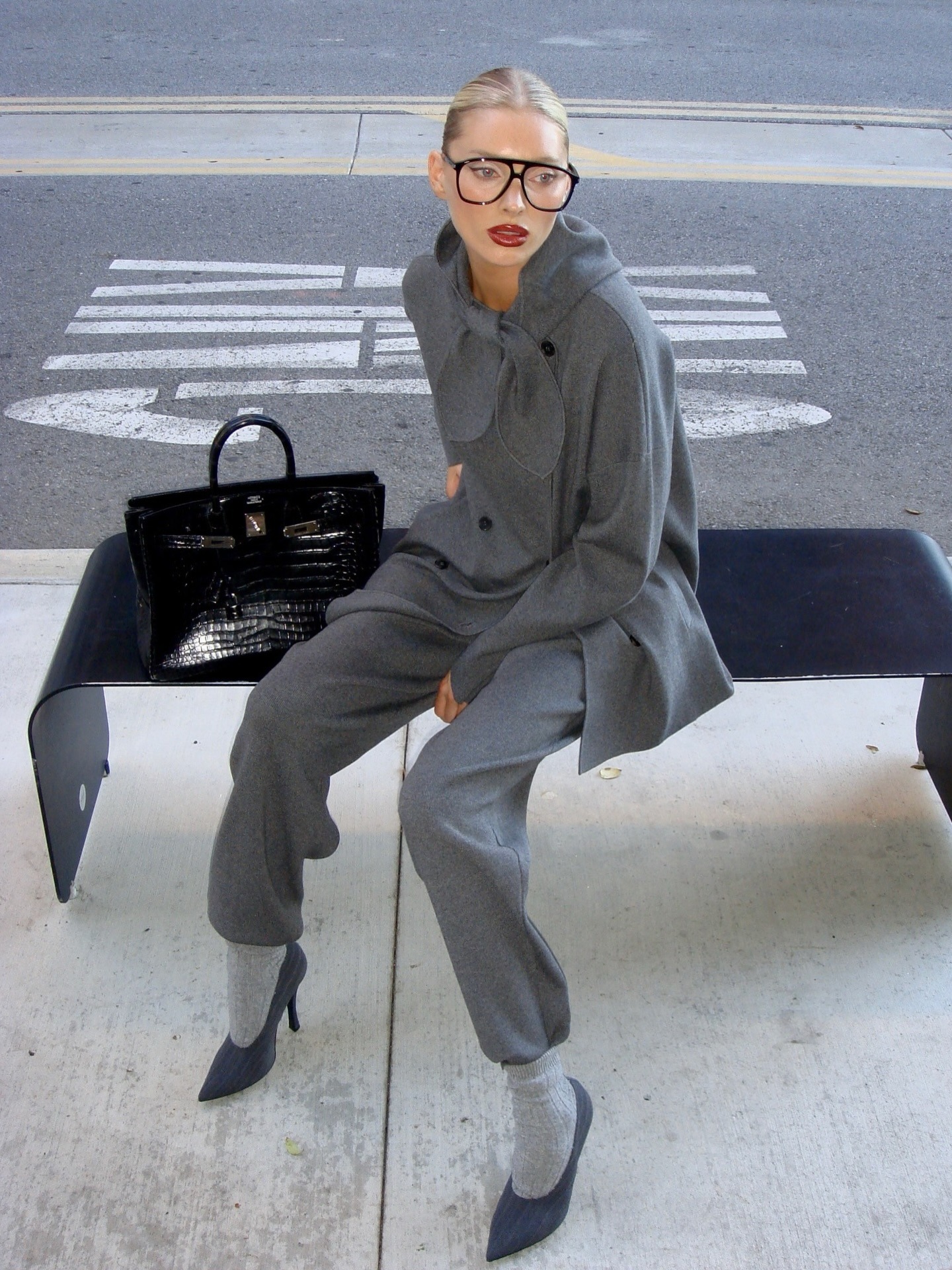 Elsa Hosk wearing the gray sock trend