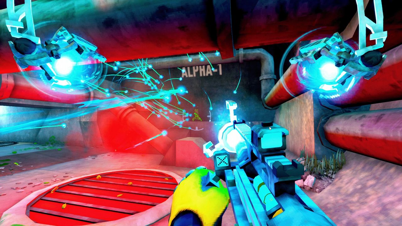 firing three electrical weapons at once near glowing red porthole having drawn closer to "Alpha-1" building