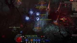 A Diablo 4 screenshot showing a sorcerer surrounded by piles of loot dropped from the seasonal Blood Harvest activity.