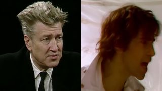 David Lynch on the left being interviews, Peter Wolf on the right in the video for Freeze Frame