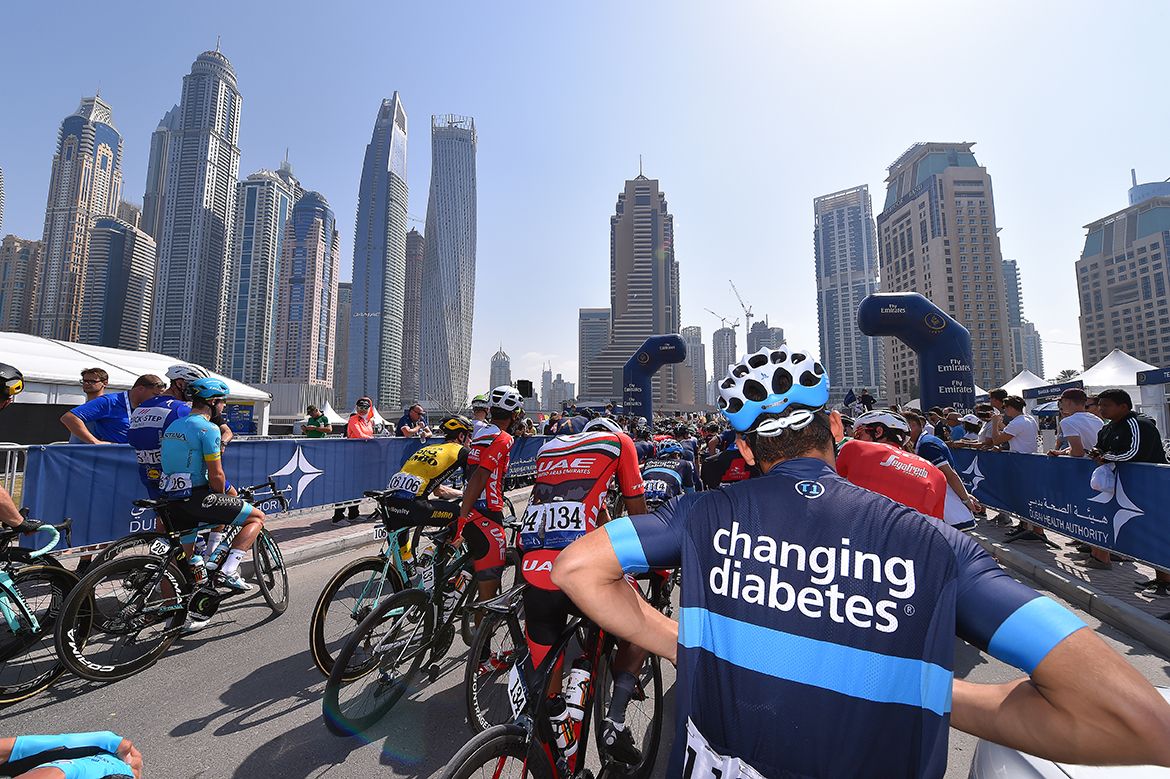 The peloton awaits the start of stage 5 of the 2018 Dubai Tour.