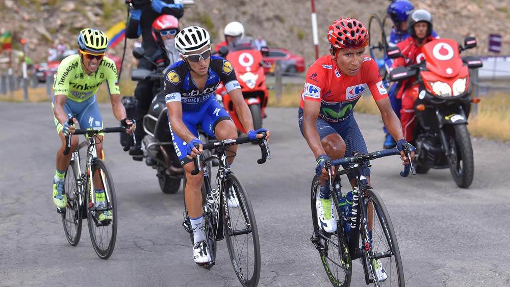 Nairo Quintana, Gianluca Brambila and Alberto Contador on the attack during stage 15 of the Vuelta a Espana, an attack that would secure Quintana overall victory