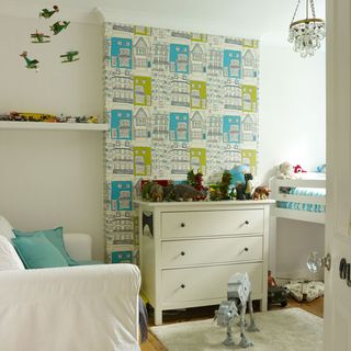 childrens room with architectural wallpaper