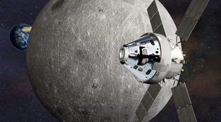 Artist's conception of Orion in orbit around the moon.