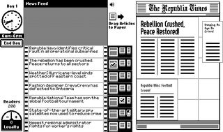 The Republia Times - a black and white browser game showing headlines being dragged to a newspaper