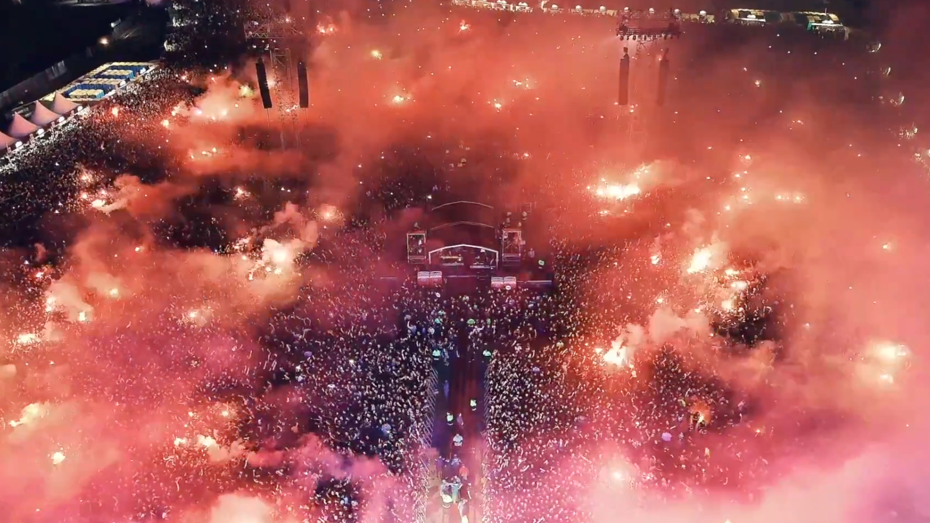 Drone footage still of a System of Down concert
