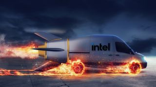 A van with a comical rocket engine strapped to the back and the Intel logo printed on the side, driving so fast the road is bursting into flames.