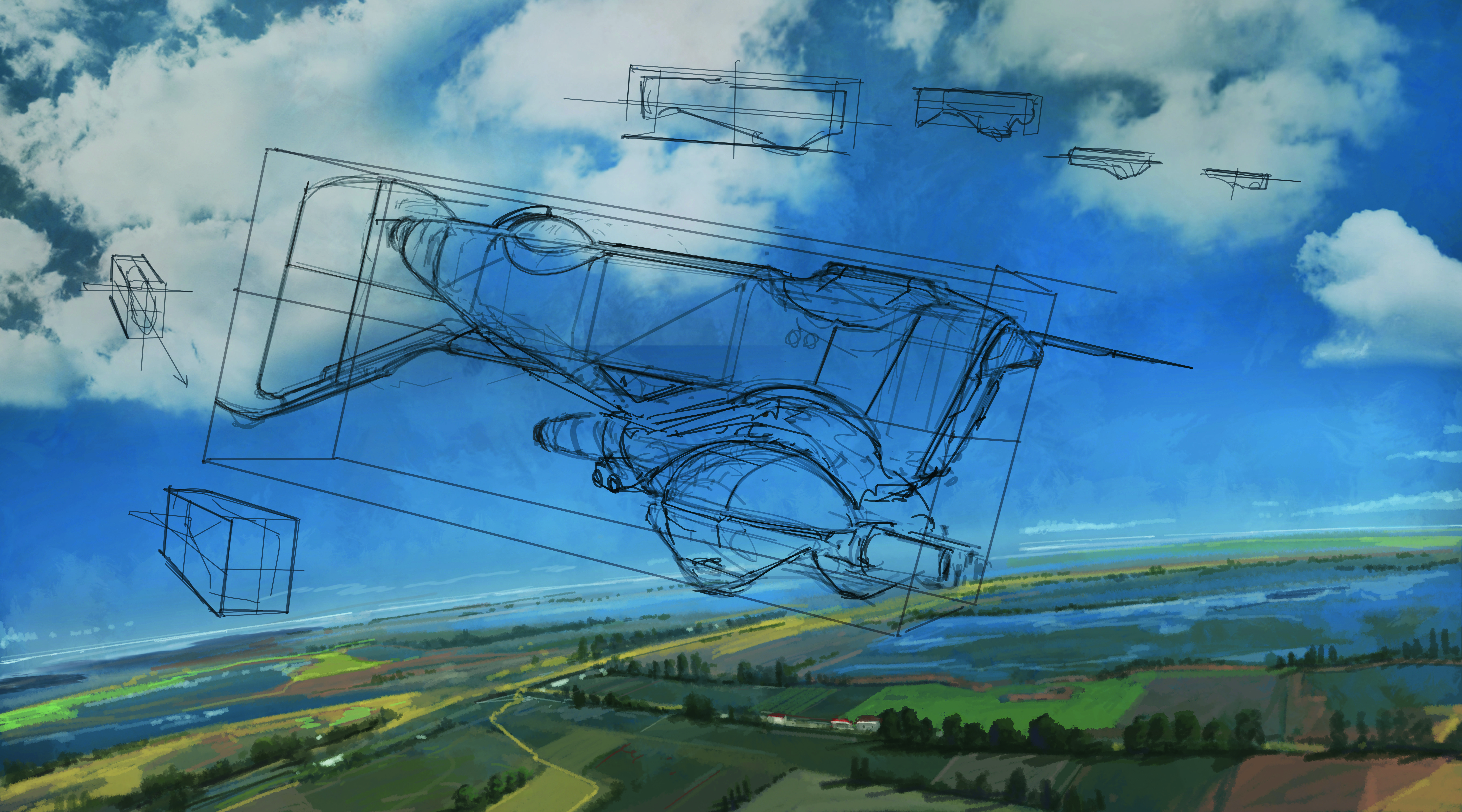 Digital concept art sketch on a landscape background