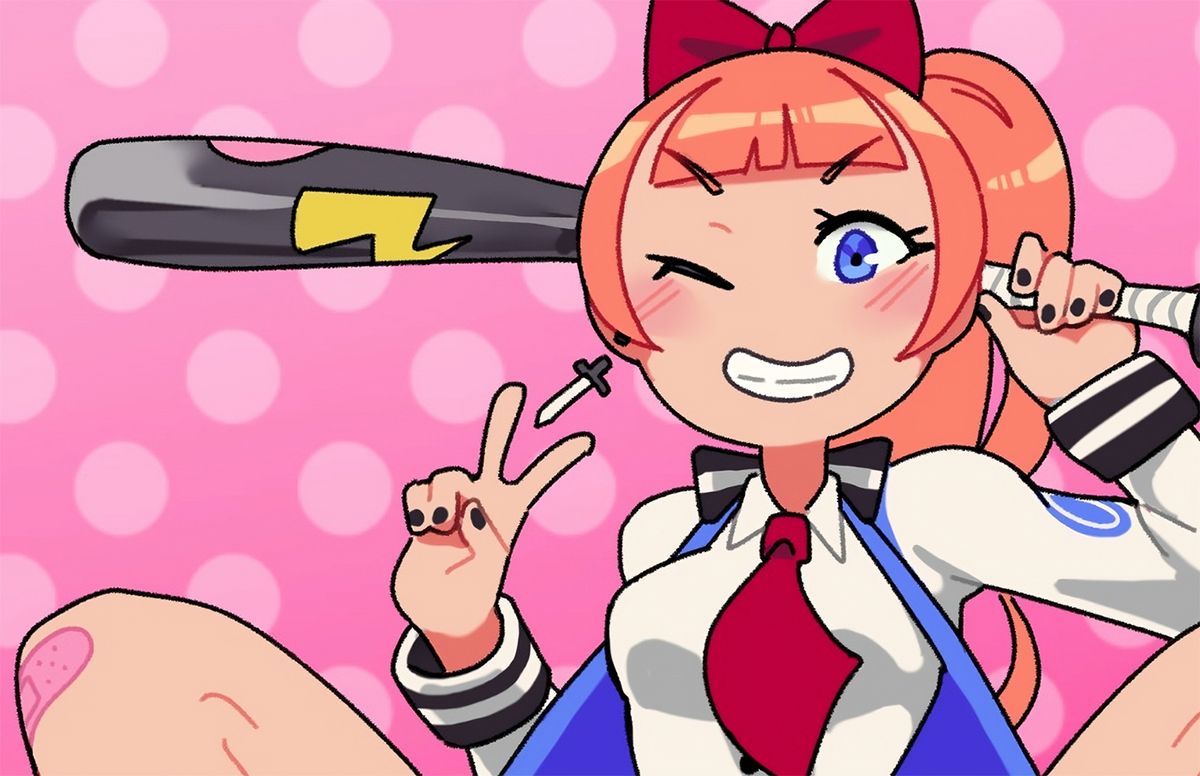 A school girl with a baseball bat winking