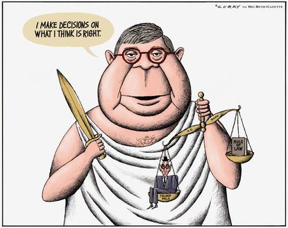 Political Cartoon U.S. Barr unbalanced justice toward Trump
