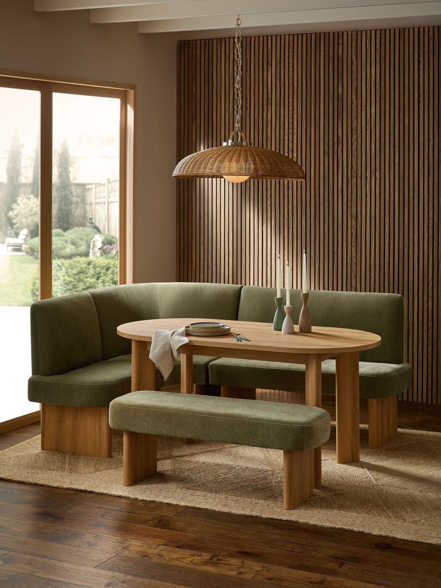 Relaxed Chenille Light Olive Nomad Left Hand Corner Dining Table and Bench Set