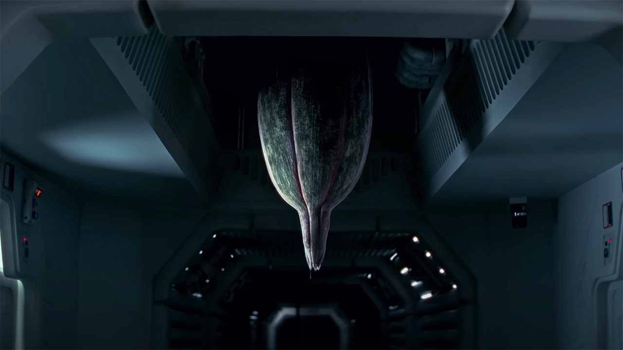 A carnivorous plant-like organism hanging from a ceiling in Alien: Earth
