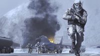 A soldier in white snow camouflage and goggles runs across an icy airfield as black smoke rises from a fire behind a parked fighter jet, with more soldiers following.