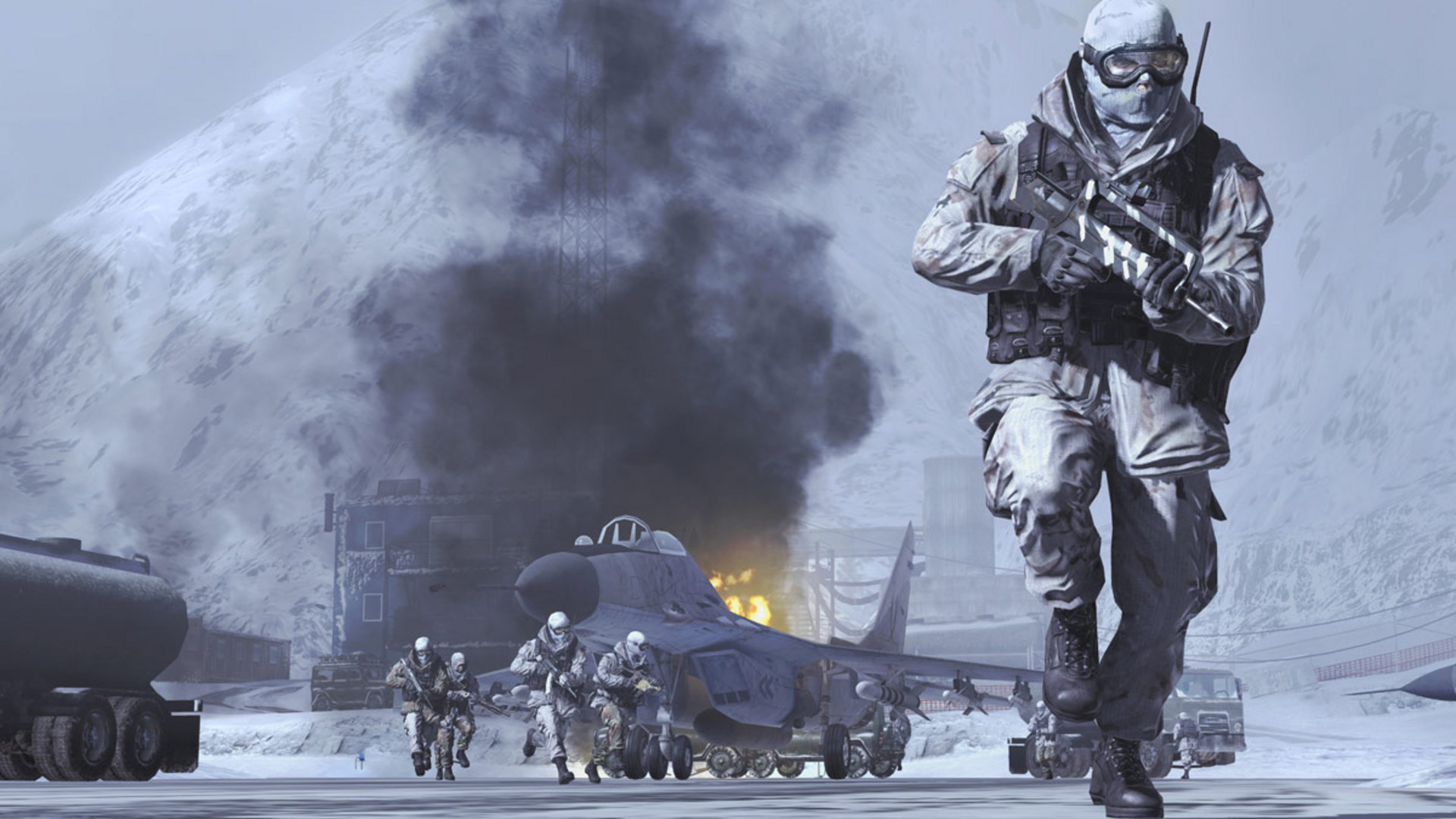A soldier in white snow camouflage and goggles runs across an icy airfield as black smoke rises from a fire behind a parked fighter jet, with more soldiers following.