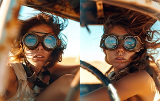 AI-generated images of a girl with driving goggles created using Midjourney cref tag