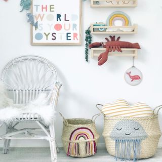 kids room with shelves on white wall and jelly fish basket