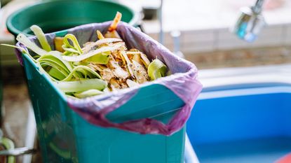 A countertop bin of food scraps for compost