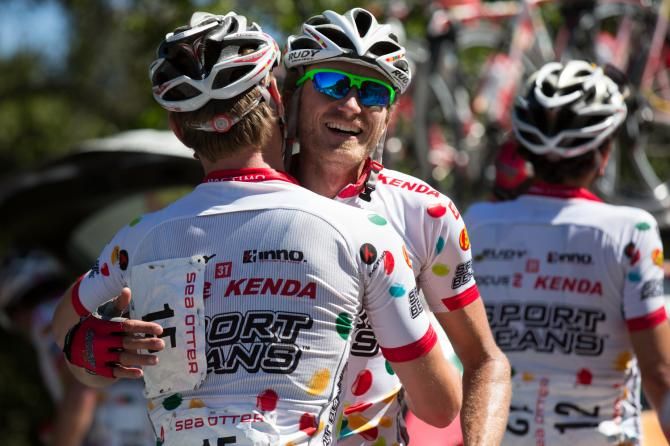 Race winner Alex Hagman is congratulated by teammate Chris Kriek.