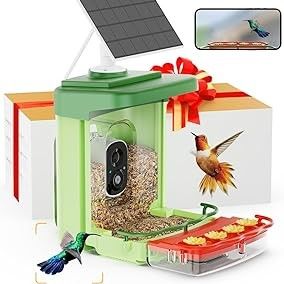 Green bird feeder camera with solar panels 