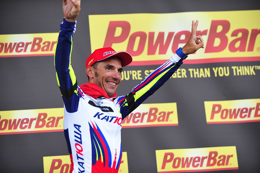 Joaquim Rodriguez (Katusha) stands on the podium as the stage 12 winner