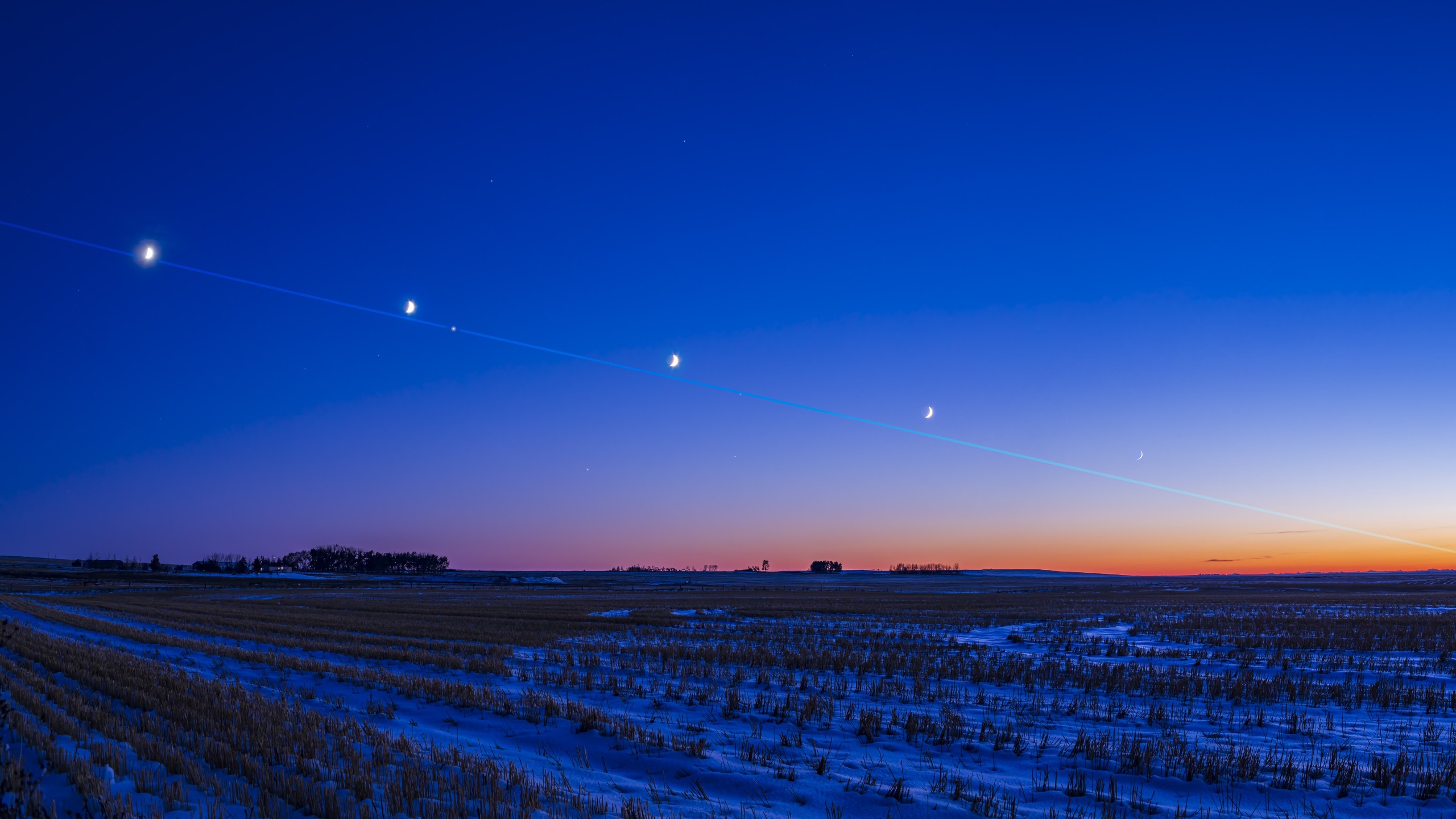 A composite image depicting the path and position of the low waxing crescent Moon of autumn across the southwest evening sky over five nights
