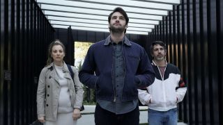 Tom Bateman, Chris Messina, and Kaley Cuoco in Based On a True Story On Peacock