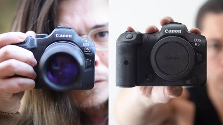 Image of photographer James Artaius holding up a Canon EOS R5, next to an image of him holding up a Canon EOS R6 Mark III
