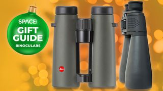 Binoculars lined up with a christmas holiday gift guide badge on a yellow background
