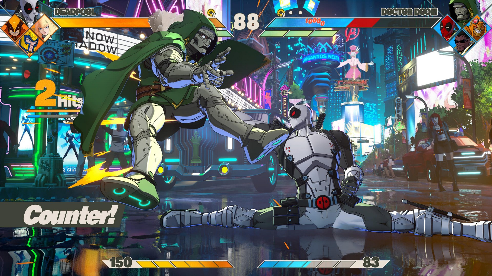 Deadpool punches Doctor Doom in his nether regions in Marvel Tokon: Fighting Souls, in New York City