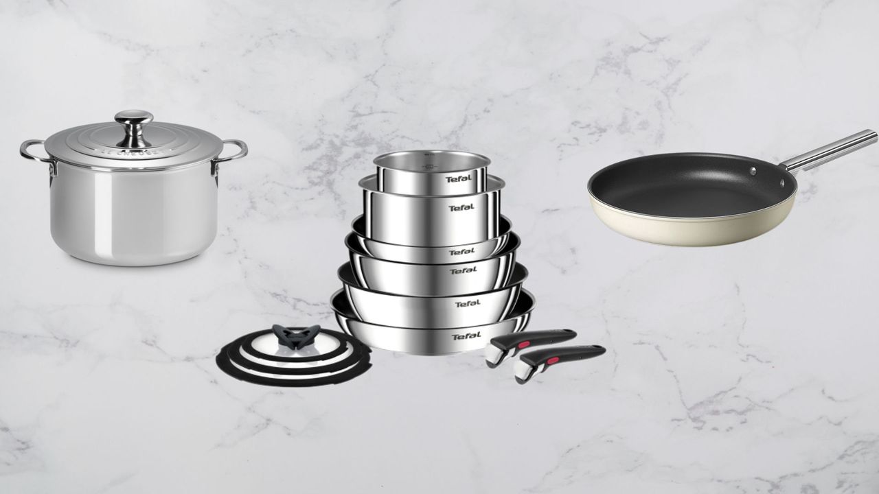 The Tefal Ingenio saucepan set, smeg frying pan, and Le Creuset stock pot on a woman&amp;home marble background