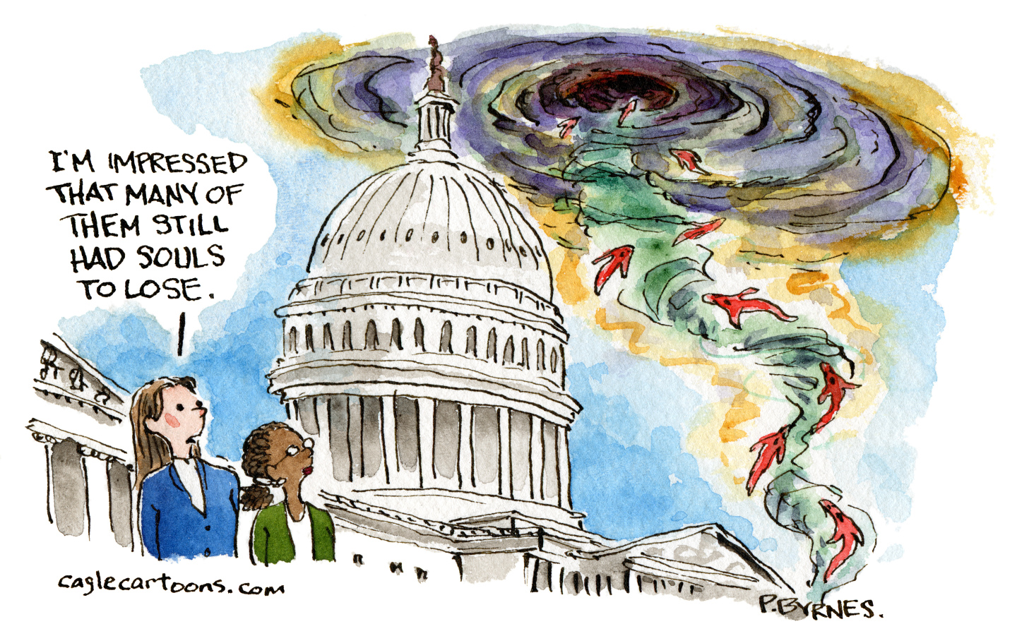 This cartoon is set outside the U.S. Capital building where ghostly figures are rising up into a dark hole in the sky. Two women watch, and one says, “I’m impressed that many of them still had souls to lose.”
