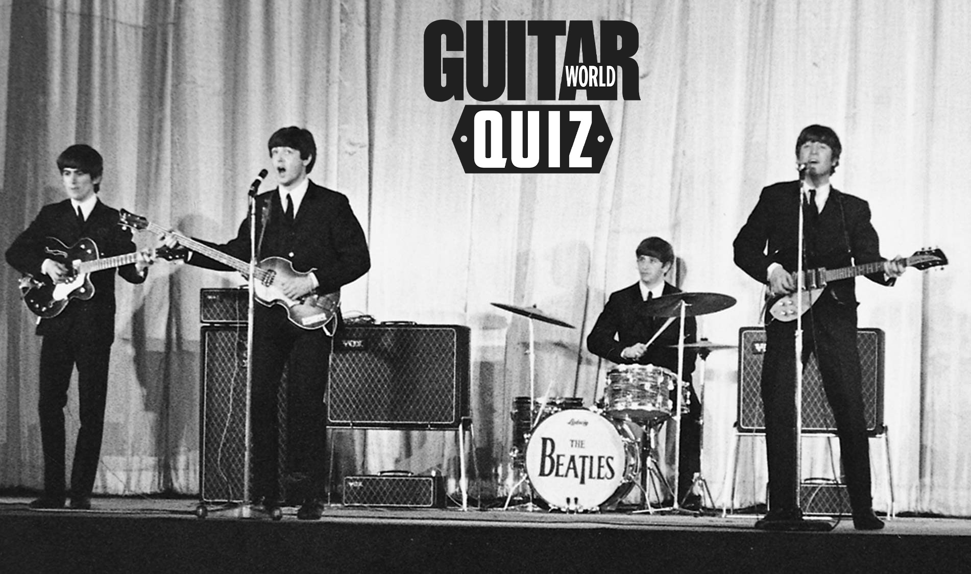 The Beatles perform onstage at the Olympia Theatre in Paris in early 1964