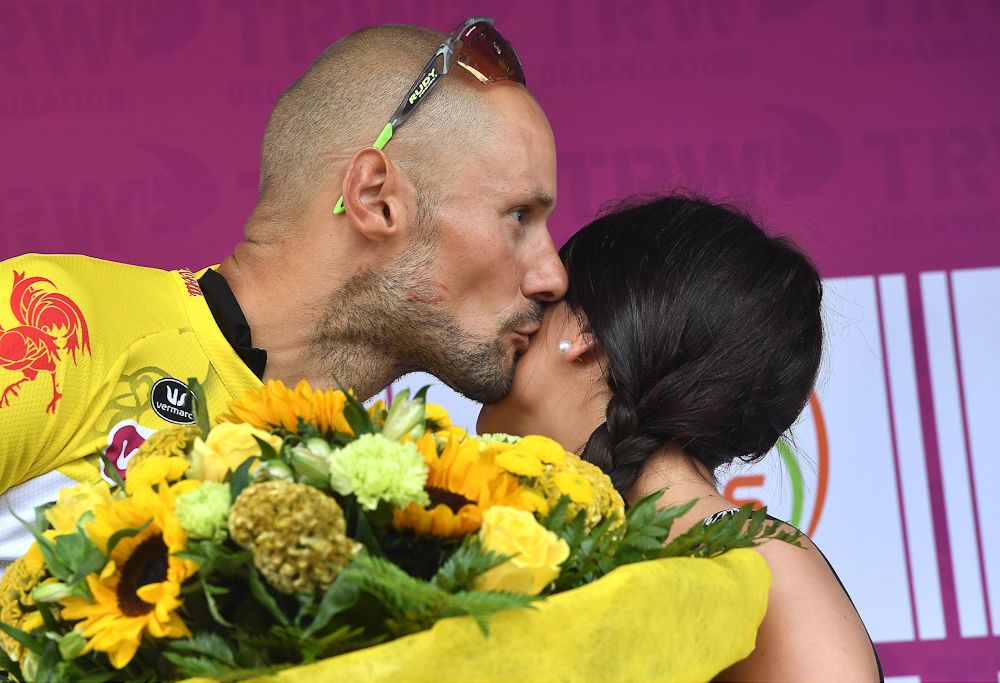 Tom Boonen in yellow after stage 1 at the Tour de Wallonie