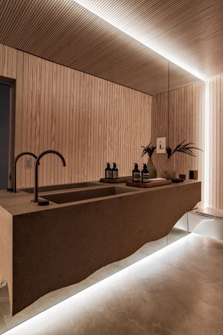 A bathroom with recessed lighting