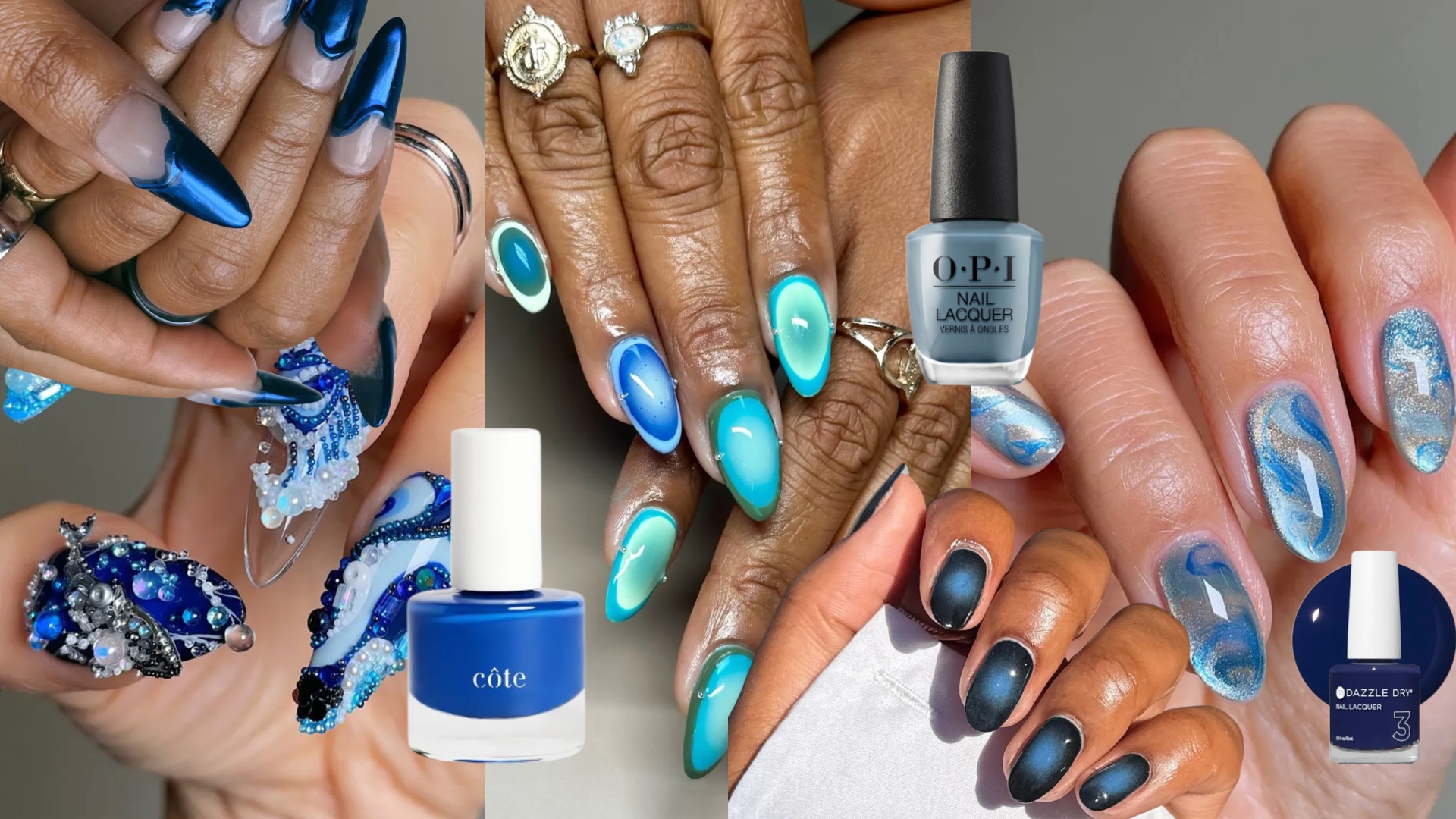 collage of blue nails with a few scattered bottles of blue nail polish