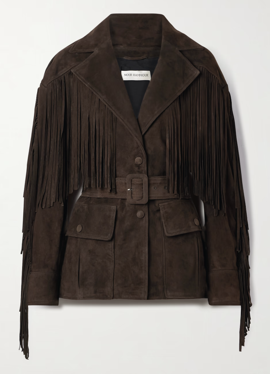 NOUR HAMMOUR, Cassidy belted fringed suede jacket