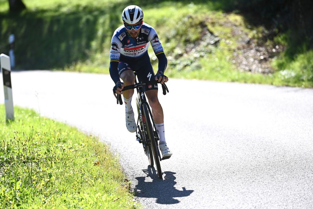 LIMPERTSBERG LUXEMBOURG SEPTEMBER 24 Julian Alaphilippe of France and Team Soudal Quick Step attacks during the 83rd Skoda Tour Luxembourg 2023 Stage 5 a 1722km stage from Mersch to Luxembourg Limpertsberg on September 24 2023 in Limpertsberg Luxembourg Photo by Tim de WaeleGetty Images