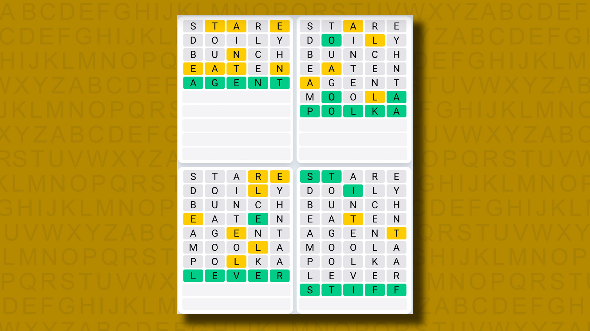 Ежедневная последовательность ответов Quordle для игры 886 на желтом фоне