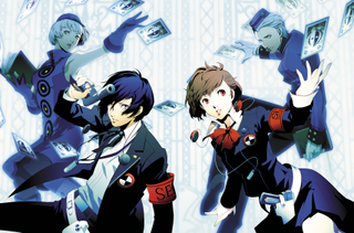 Persona 3 PC - Two characters in uniforms face forward with others behind them