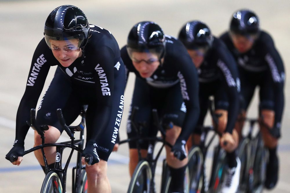 Bryony Botha, Holly Edmondston, Kirstie James and Rushlee Buchanan of New Zealand compete in the Women's team pursuit qualifying on day one of the UCI Track Cycling World Championships