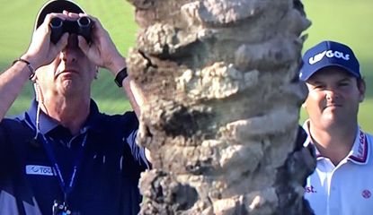 Reed stands by while a Rules Official looks up the tree with binocularsj