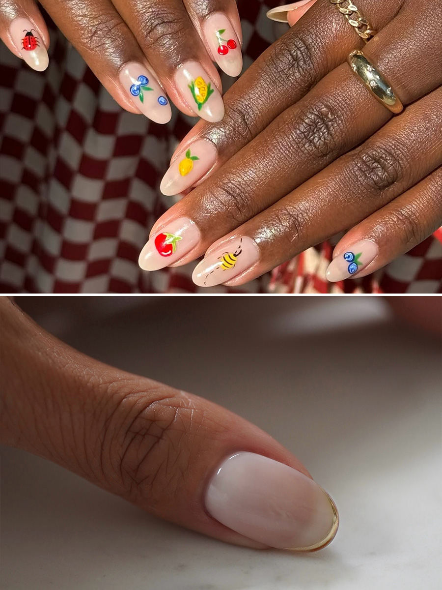 A fruit salad manicure by Queenie Nguyen and glass manicure by Iram Shelton