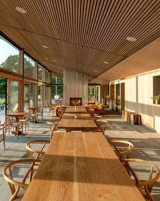 Dining hall with wooden seating