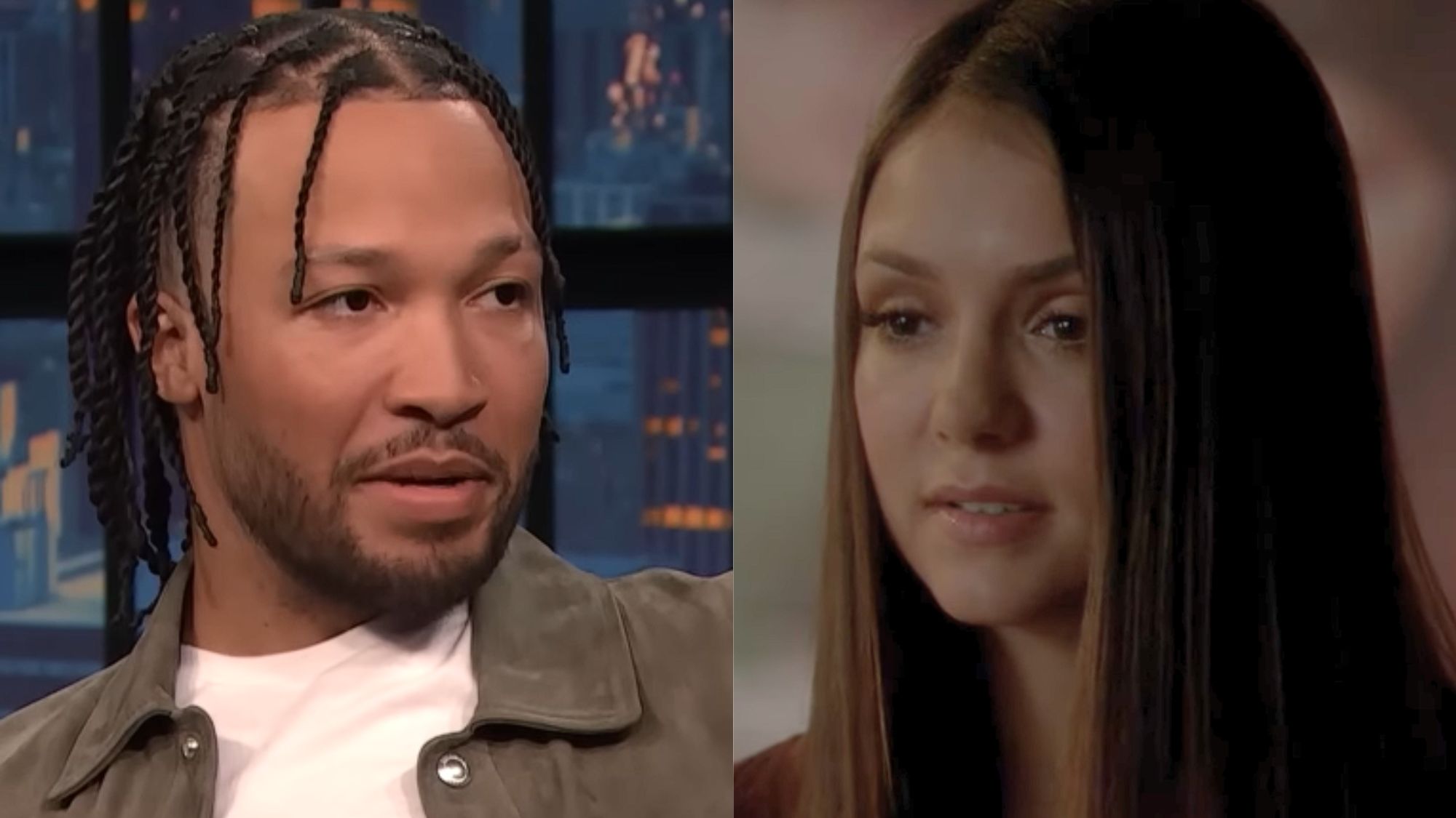 Right: Jalen Brunson on Late Night with Seth Meyers. Left: Nina Dobrev as Elena on The Vampire Diaries. 