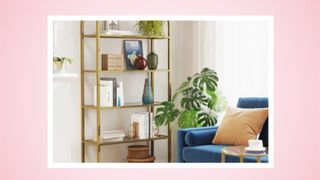 A picture of a gold bookcase on a pink background