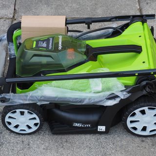 Greenworks G24X2LM36 Cordless Lawnmower during testing at home
